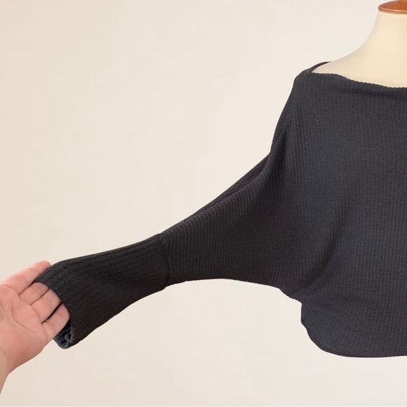 Neely Black Waffle Knit Thermal Dolman Sleeve Long Cuff Pullover - Picture 2 of 6